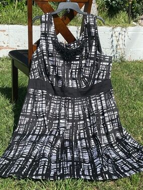 Black & White Printed Sleeveless Dress with Beaded Neckline